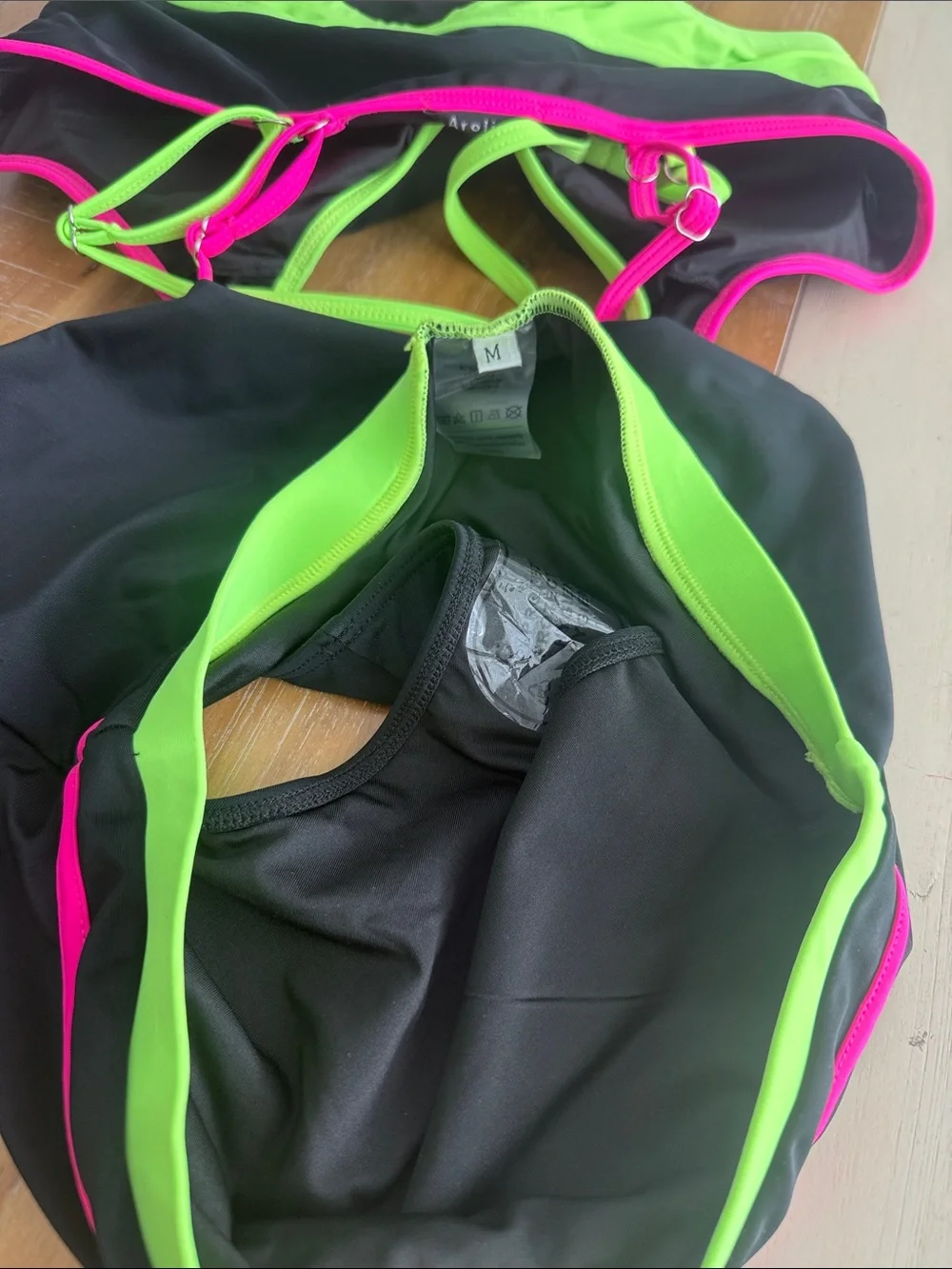 Black Bikini with Neon Green & Hot Pink Trim - Crossback Swim Set